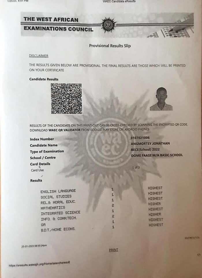 Dear fellow Ghanaians, I beseech your benevolent and philanthropic heart this moment. Angmortey Jonathan is a former public school candidate who has excelled in the 2022 BECE.

His dream to further his education is in limbo as there's no parent nor relative to cater for