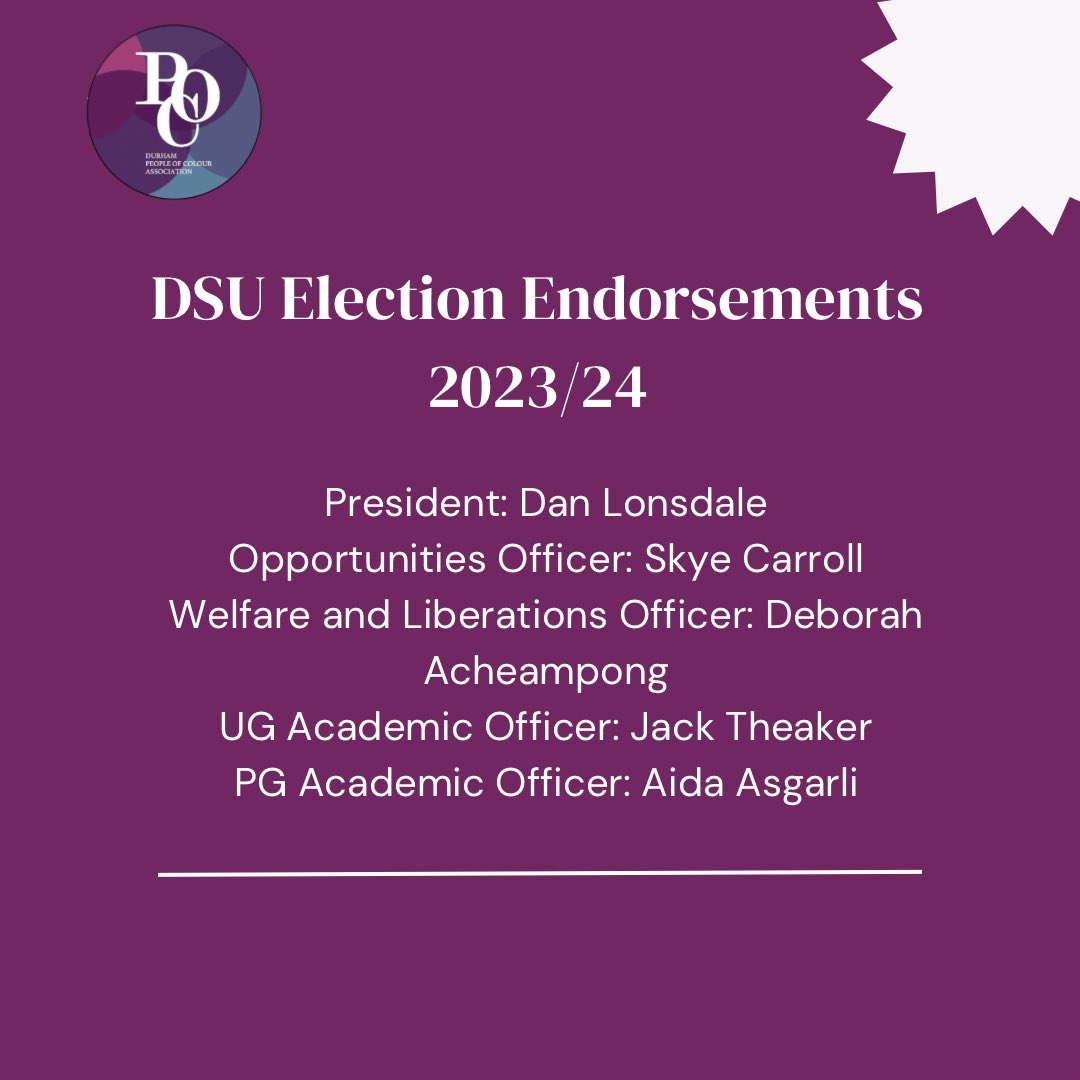 We can now confirm the candidates our association is endorsing for this year’s <a href="/durhamSU/">Durham SU</a> elections for the 2023/24 academic year: 
📨Voting closes on Wednesday so not long to go now! 📨