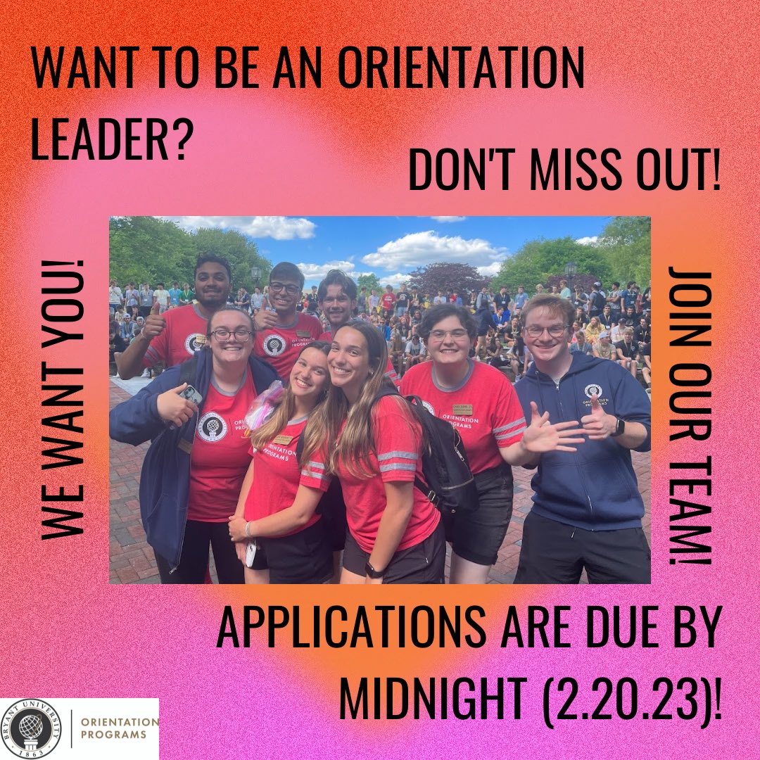 BryantSEOP (@bryantseop) on Twitter photo This is it! Can you tell we are excited to hire the new team of OLs? Don’t miss out on your chance to a part of this fun experience! Apply on engaged before MIDNIGHT TONIGHT to be eligible. We want YOU! #bryantorientation <a href="/BryantUniv/">Bryant University</a> This is it! Can you tell we are excited to hire the new team of OLs? Don’t miss out on your chance to a part of this fun experience! Apply on engaged before MIDNIGHT TONIGHT to be eligible. We want YOU! #bryantorientation <a href="/BryantUniv/">Bryant University</a>