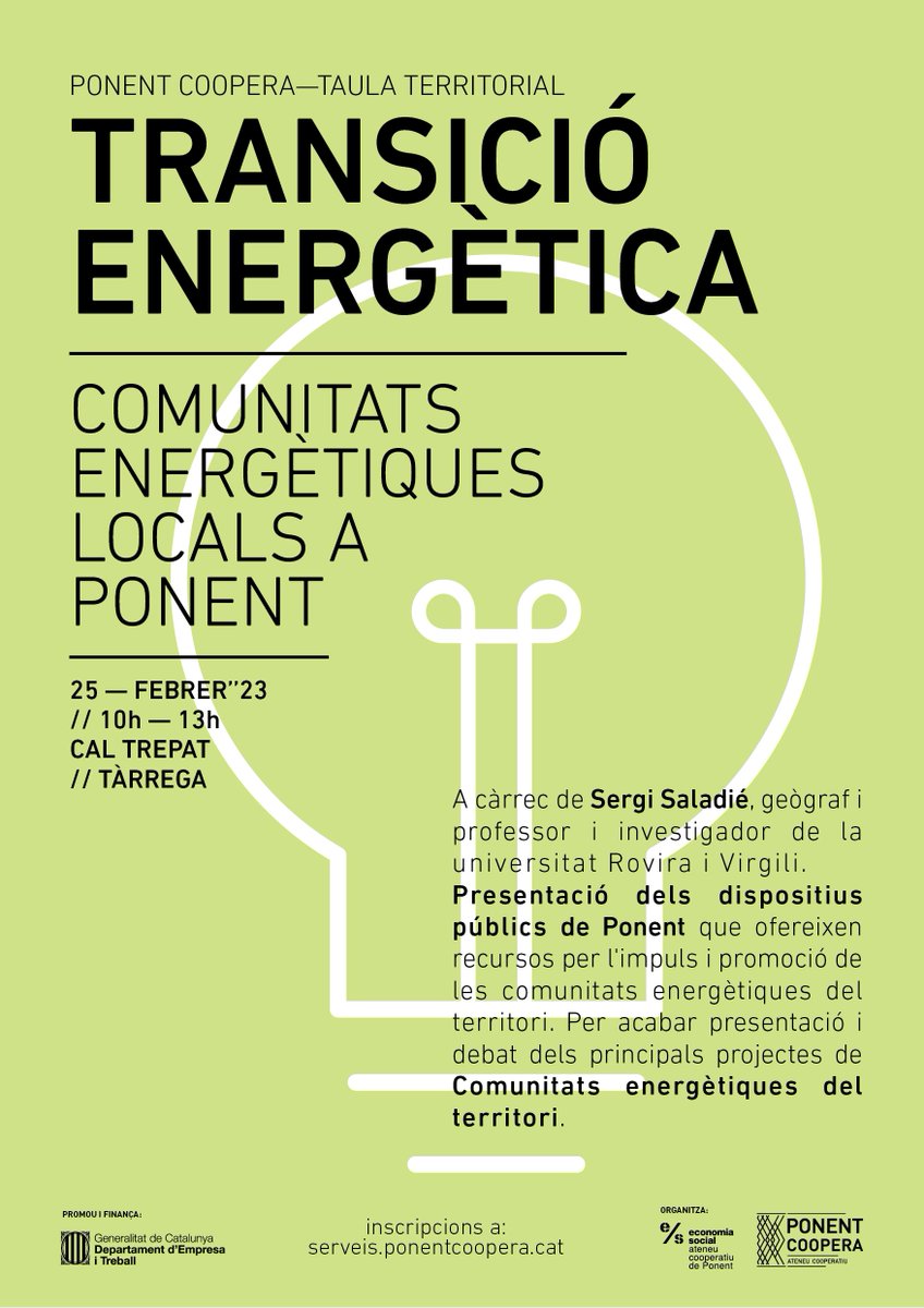 💡Comunitats energètiques locals a Ponent!

El proper dissabte 25 identificarem i visibilitzarem tots els agents del territori que intervenen a la transició energètica des de la perspectiva de les CEL i també presentarem recursos existents al territori.

👉serveis.ponentcoopera.cat/program/i-taul…