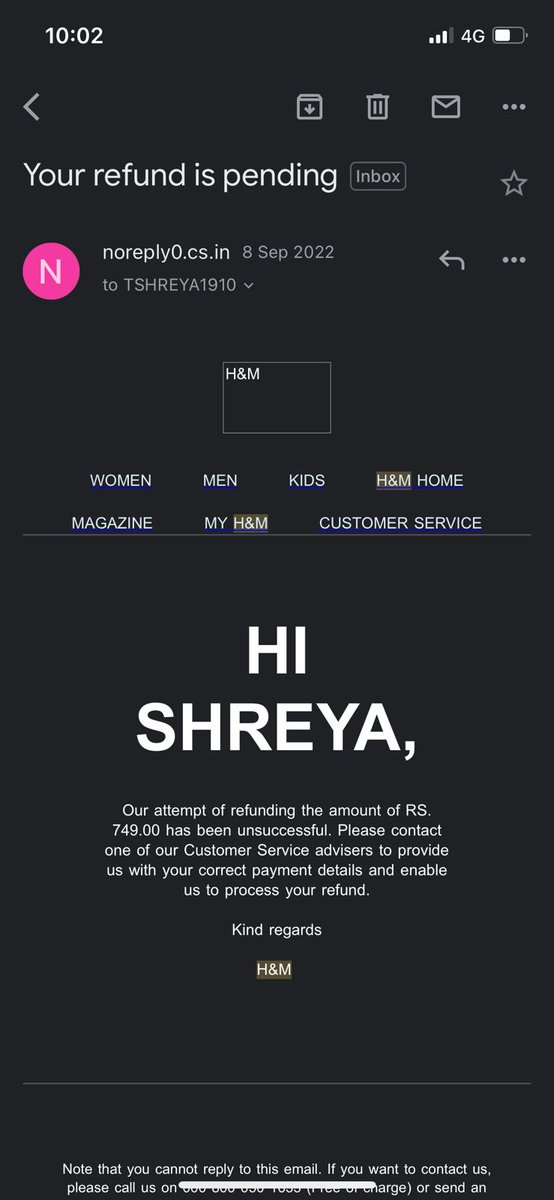 SriRochak's tweet photo. @hm 
My friend has been requesting for her refund of Rs. 4550 from past 7-8 months but there is being continuous negative response from customer care of @hm , this is not expected from a well reputated company. And also not expected from a regular customer of @hm @hmindia https://t.co/3cg6IF6yjJ