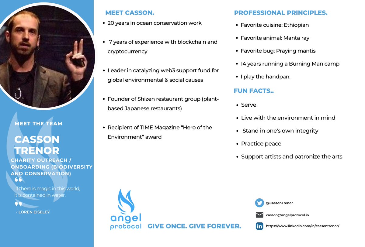 BetterDotGiving's tweet image. 🤝 Meet Casson, the incredible pioneer in ocean conservation working with us at Angel Protocol in Charity Outreach and Onboarding

With 20 years of experience and a TIME Magazine "Hero of the Environment" award, Casson is making a real difference and inspiring us all.