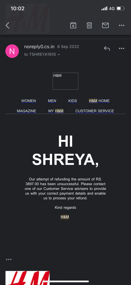 SriRochak's tweet photo. @hm 
My friend has been requesting for her refund of Rs. 4550 from past 7-8 months but there is being continuous negative response from customer care of @hm , this is not expected from a well reputated company. And also not expected from a regular customer of @hm @hmindia https://t.co/3cg6IF6yjJ