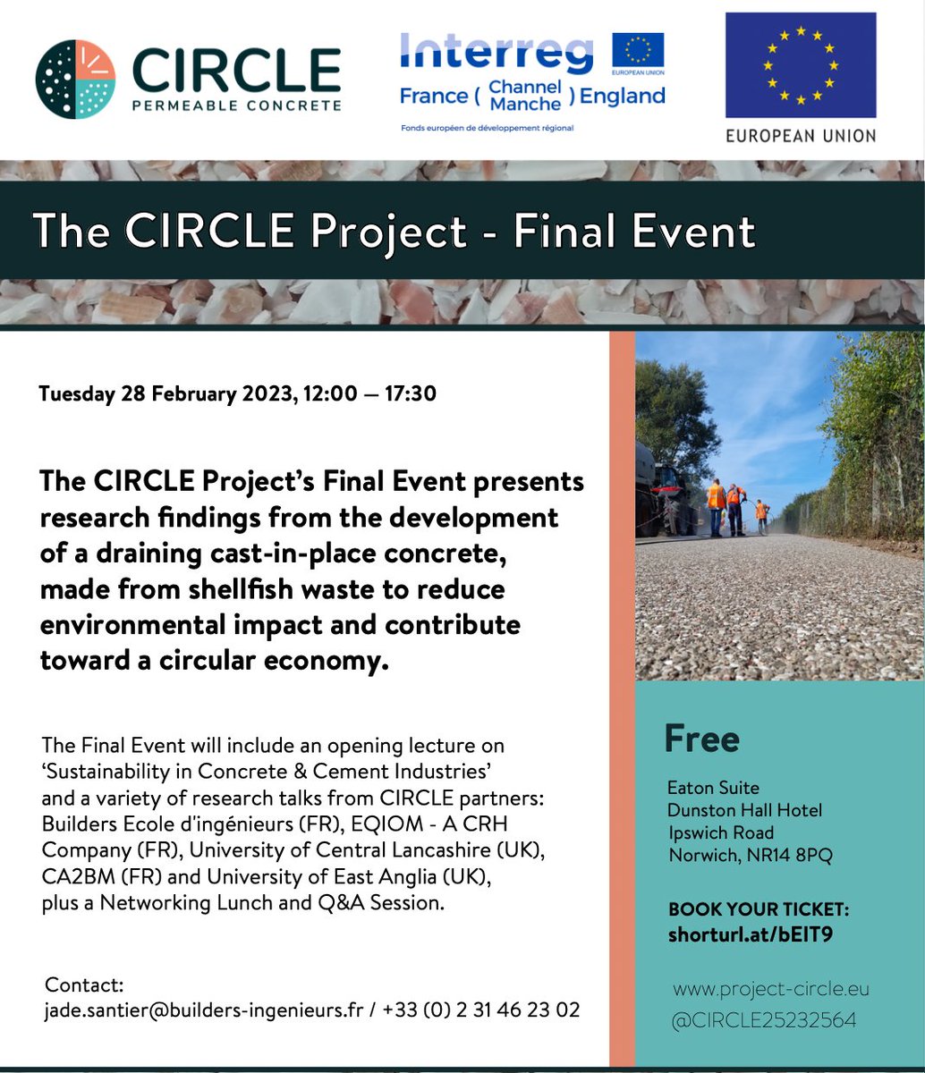 We will be presenting <a href="/Channel_Manche/">Interreg FCE</a> CIRCLE Project's new #research on a #drainage #concrete made more #sustainably from #seashells!

It's not too late to join us at our event next Tuesday 28th @ Dunston Hall, Norwich - for free. 

Register now ⤵️
store.uea.ac.uk/product-catalo…