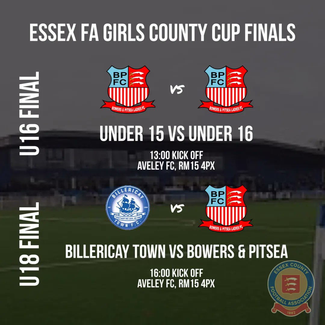 👀 This weekend is a massive weekend for our Youth sides.

In the U16 <a href="/EssexCountyFA/">Essex County FA</a> Girls Cup Final, it’s Bowers vs Bowers as our @BowersLadiesU15 take on <a href="/BowersU16Ladies/">Bowers & Pitsea Ladies U16 22/23</a>.

In the U18 <a href="/EssexCountyFA/">Essex County FA</a> Girls Cup Final, our <a href="/BowersU18Reds/">Bowers & Pitsea U18 Ladies Reds</a> take on Billericay Town!

Good Luck to All!
