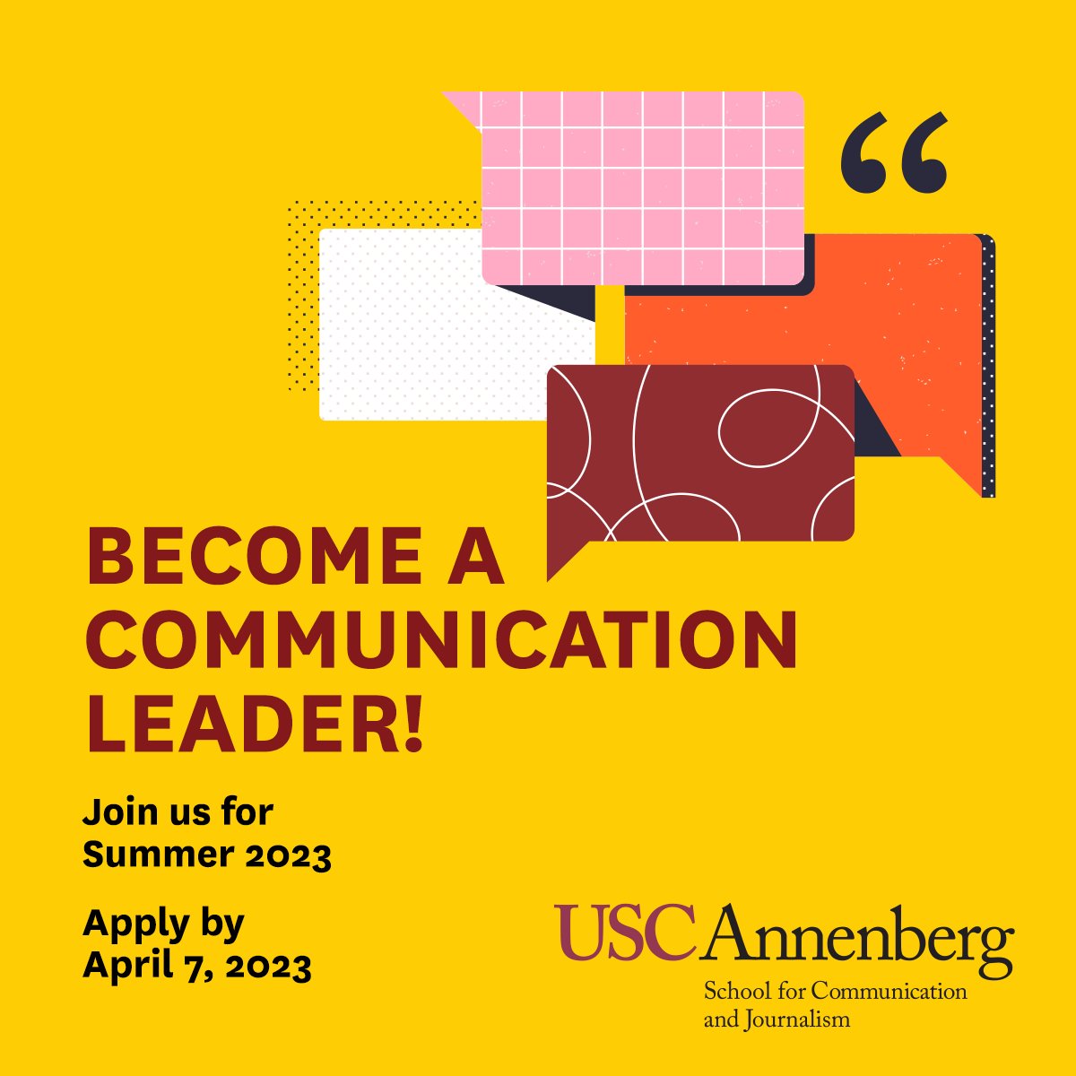 uscmcmonline's tweet photo. Take the next step toward becoming a communications leader this #NationalLeadershipDay by joining our Master of Communication Management program! Apply for Summer 2023 by April 7th for consideration. https://t.co/I4EH6U3X37 @USCOnline https://t.co/kgRiZ7eKiW