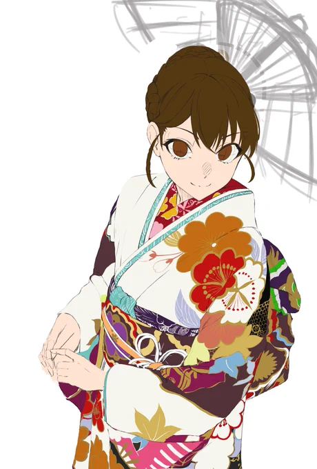 続き浴衣の形状を大きく調整しました体はほぼイメージが出来てきたから、次は傘を描きます!(`・ω・') 