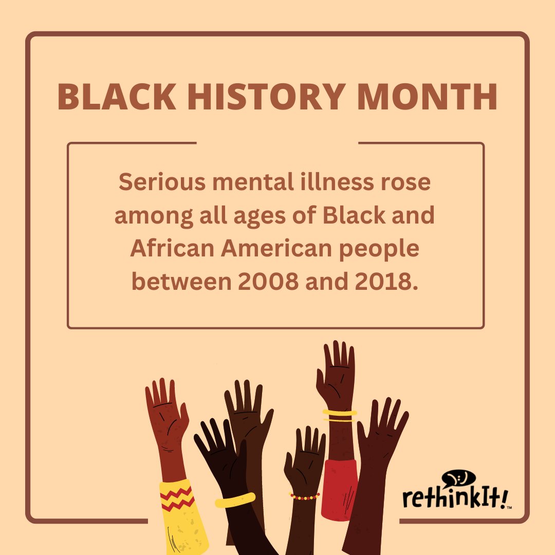 rethinkitapp's tweet photo. "16% of Black and African American people reported having a mental illness"-a glimpse into the harmful effects of discrimination. We must reduce stigma and improve access to health care for anyone with a mental health condition. #BlackHistoryMonth

Source: https://t.co/4urA8LnayI https://t.co/OyIxOjcizj