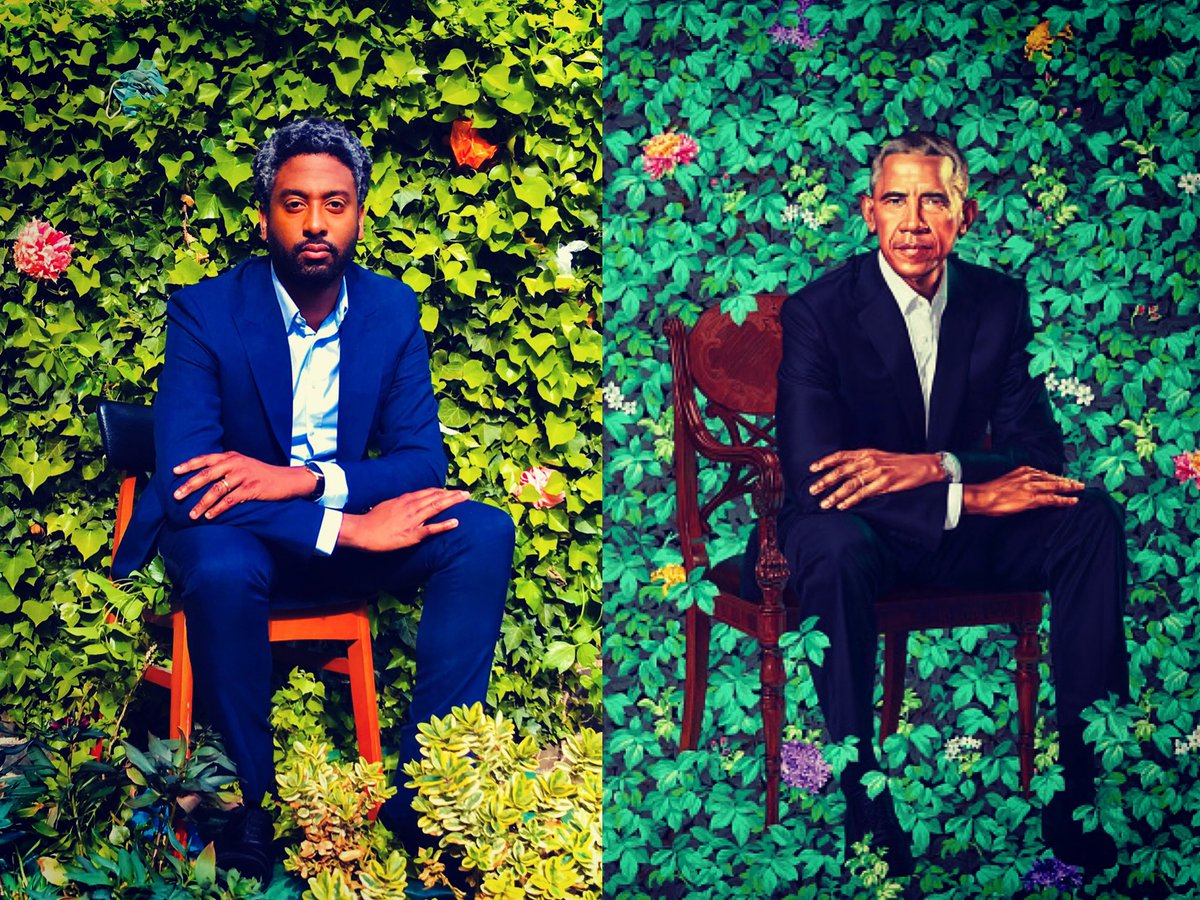 PeterBrathwaite's tweet photo. Kehinde Wiley: President Barack Obama (2018). Wiley’s portrait includes flowers from Kenya, flowers from Hawaii and the state flower of Chicago. Reworked with body exfoliate puff sponges. #RediscoveringBlackPortraiture through #gettymuseumchallenge. #PresidentsDay https://t.co/f5XqWEyt9t
