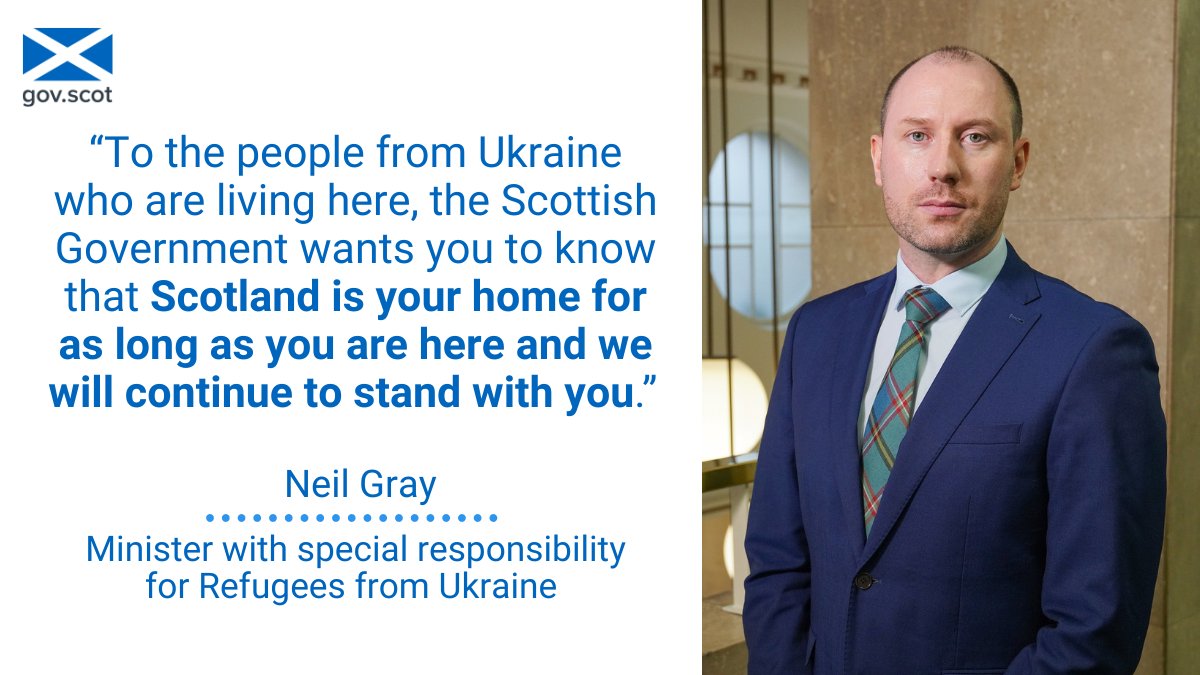 scotgov's tweet photo. This week marks the first anniversary of the war against Ukraine.

Minister with special responsibilities for Refugees from Ukraine, Neil Gray looks back at the past year, signalling Scotland’s continued support for Ukraine.

Visit https://t.co/LcKPCTSsRQ to read the statement. https://t.co/2EW98AkODt