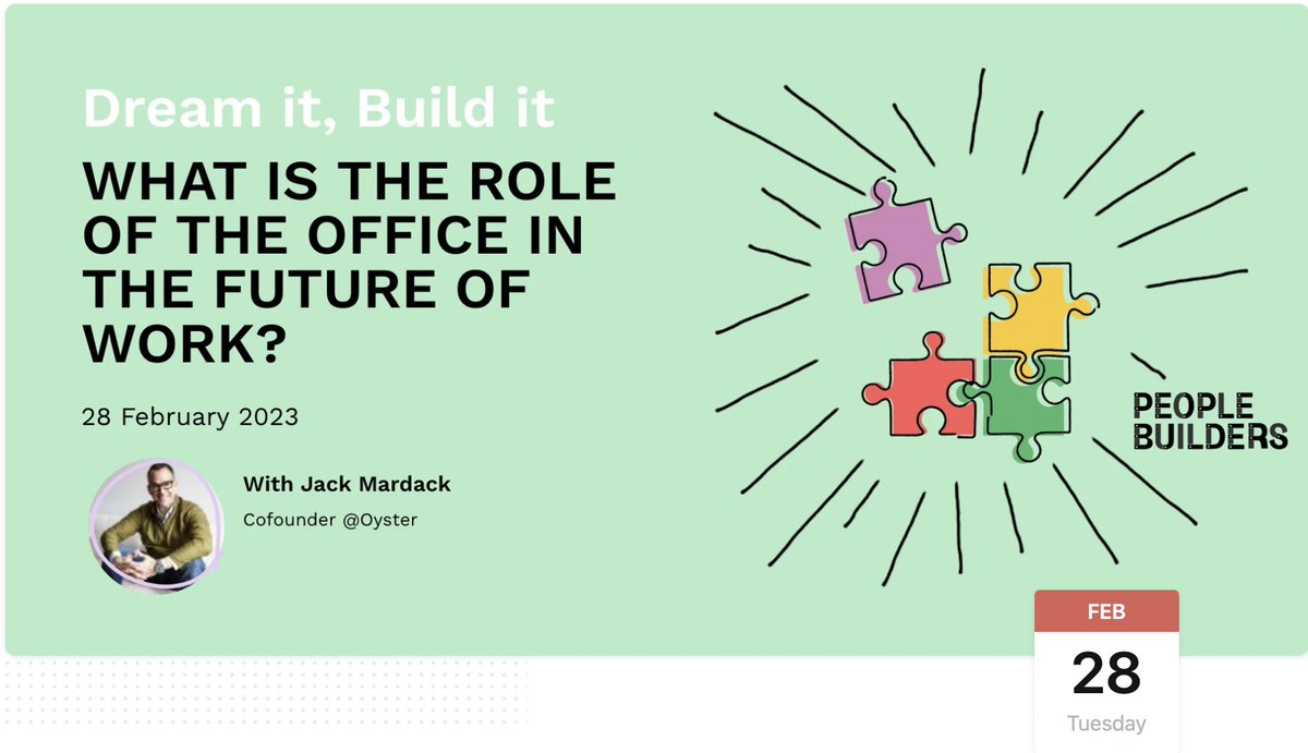 People Leaders. Excited about the future of work?

Join us for “What’s the role of the office in the future of work?”, featuring Jack Mardack, co-founder of <a href="/HeyOyster/">Oyster®</a> and remote workplace activist.

Link to sign up here: lu.ma/6hwmem50