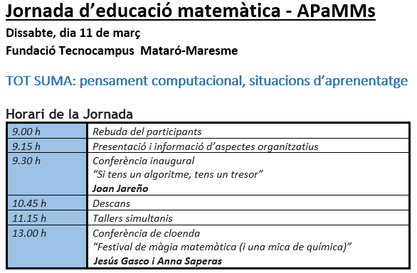 APaMMs's tweet photo. INSCRIPCIONS OBERTES a la web d'APaMMs https://t.co/14XiFAigbw. XX Jornada d'Educació Matemàtica. Us hi esperem! @feemcat @ademgi @apmcm1 @LleimatLleida @matesAbeam https://t.co/GXA4UohF2z