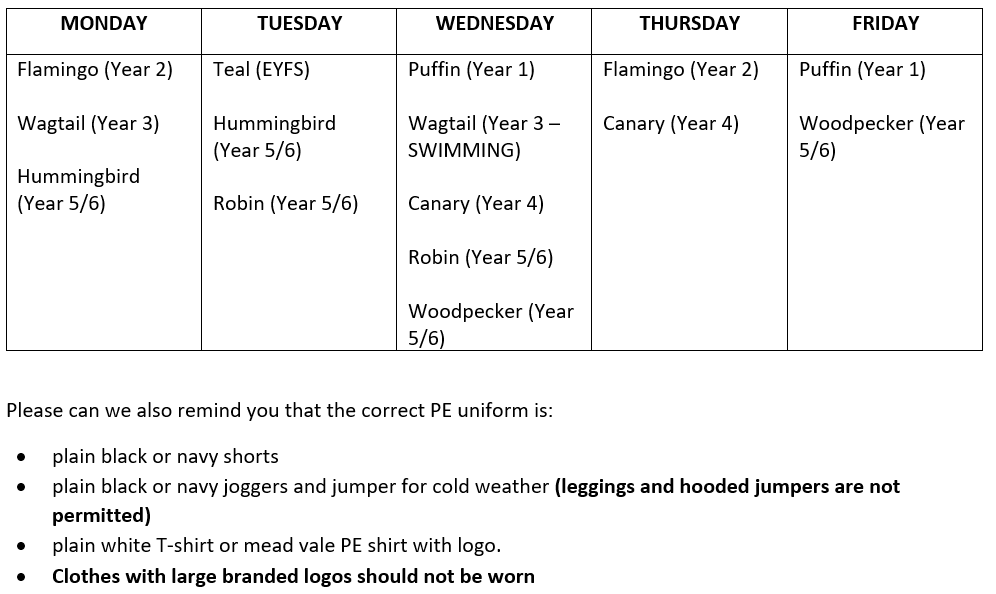 PE Timetable for this term. Swimming for Year 3 starts this Wednesday.