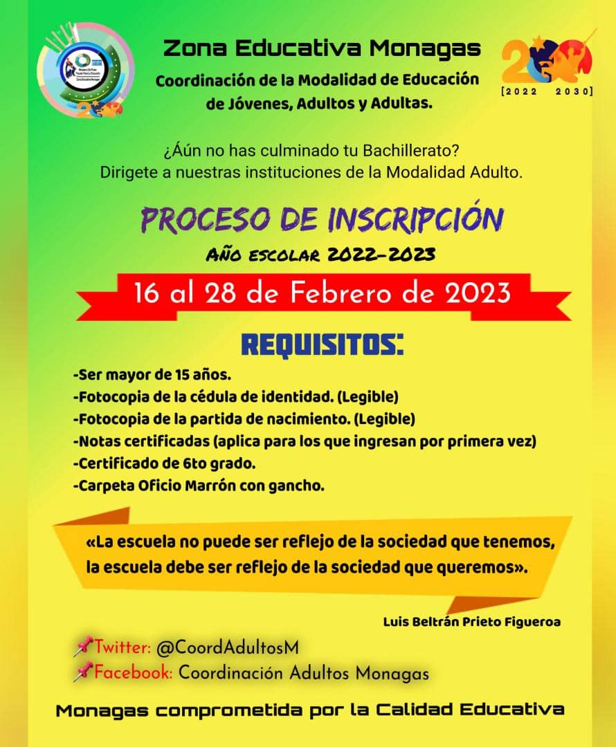 CoordAdultosM's tweet photo. La Coordinación de Educ. de Jóvenes, Adultos y Adultas, invitan a culminar tu bachillerato, dirígete a nuestras instituciones educativas @ActualZe @_LaAvanzadora @_NancyOrtuno_ @EduMediaMonagas @yogazco @estabacarolina1 @vicent_carvajal https://t.co/nOWQ6cW2qf