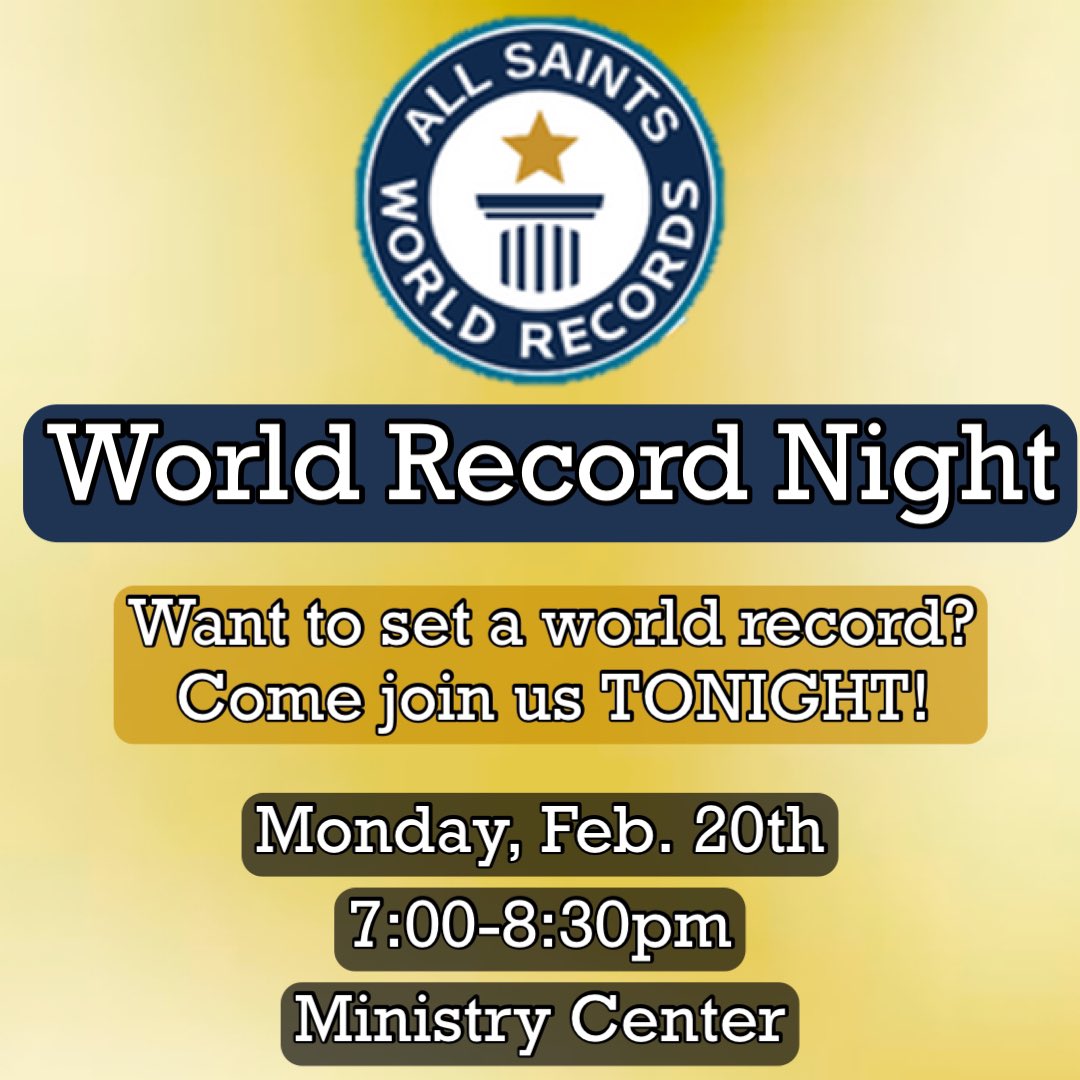 Middle Schoolers…TONIGHT we will be holding our first ever World Record Night! 

We probably won’t break any real world records, but we are going to try to set a few of our own! Be the best and your record will go on the wall until next year when others will try to break it!