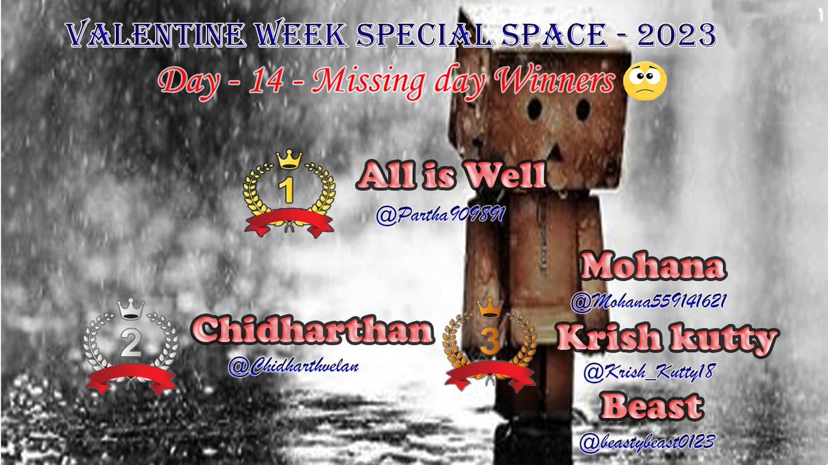 nathin_krishna's tweet photo. "Valentine Week Special Space 14 - #MissingDay 💕 'My Dear... ❣️' Winners
1) @Partha909891
2) @Chidharthvelan
3) @Mohana559141621, @Krish_Kutty18 & @beastybeast0123
Other Winners:
1) Best Moment - @KesahavSG
2) Best Moment (fun) - @dreamers_ram8 https://t.co/MFotczRJT8