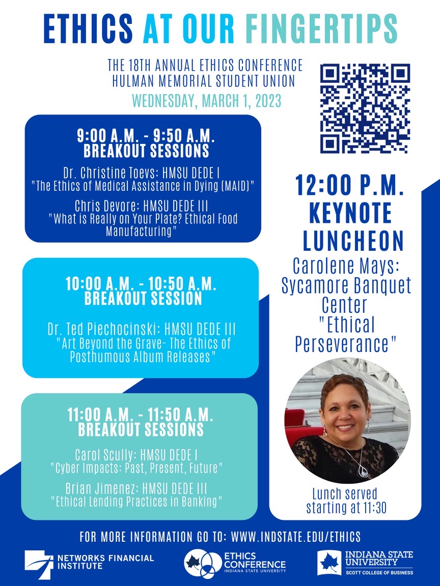 The Ethics Conference is on March 1 and we have a great lineup of speakers for you. They’ll be speaking on a range of ethical issues in the banking, medical, food production, cyber and recording industries.

Visit indstate.edu/business/ethic… for details.

#IndStateEthics #isuethics