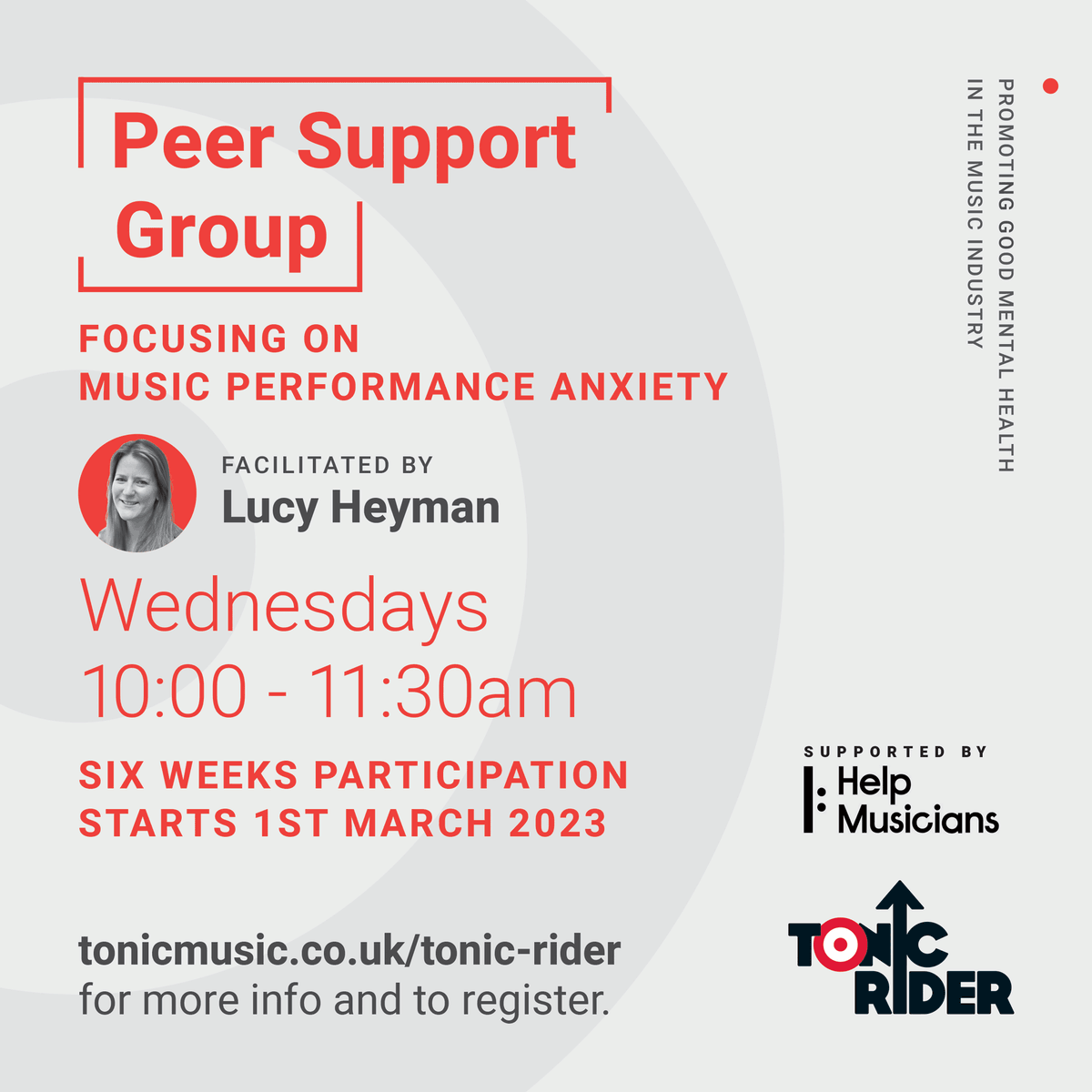 Last few days left to register!

Peer Support Group (online) on music performance anxiety (funded by @HelpMusicians)

facilitated by @lucindaheyman

FREE to ALL working musicians in the UK

#TonicRider #MusicMindsMatter #Performance #Anxiety #MentalHealth #Wellbeing #Music