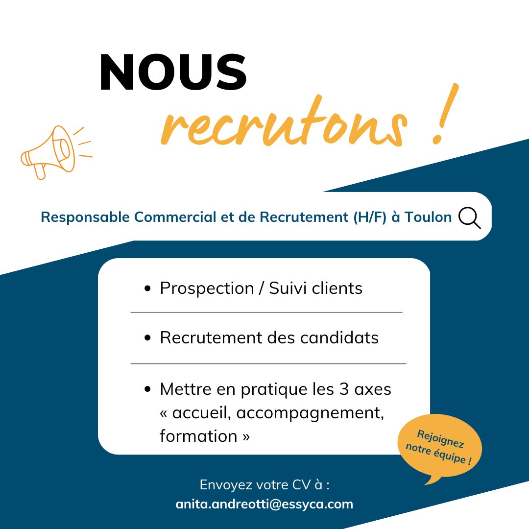 Nous sommes à la recherche de notre futur(e) Responsable Commercial et de Recrutement  🚨

Vous souhaitez rejoindre l’aventure #Essyca ? Envoyez-nous votre candidature à cette adresse mail : anita.andreotti@essyca.com 💌

#recrutement #responsable #ressourceshumaines #commercial