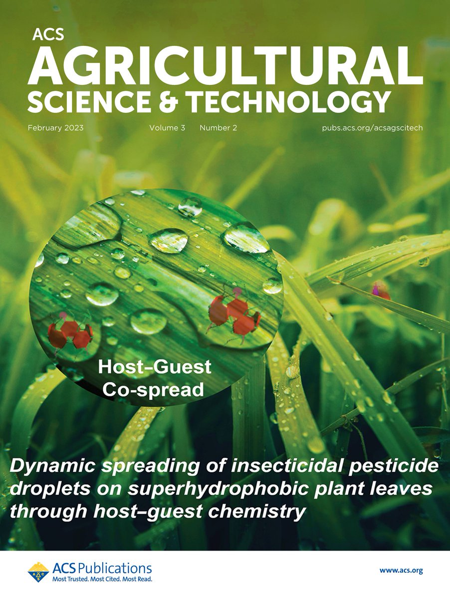 JAgFoodChem's tweet photo. The latest issue of ACS Agricultural Science & Technology is now online!
Our front cover this month shows the dynamic spreading of #insecticidal pesticide droplets on #superhydrophobic plant leaves through host–guest chemistry. Read the article at https://t.co/jA2Qn9RuBk https://t.co/bfd9Sgrvhd