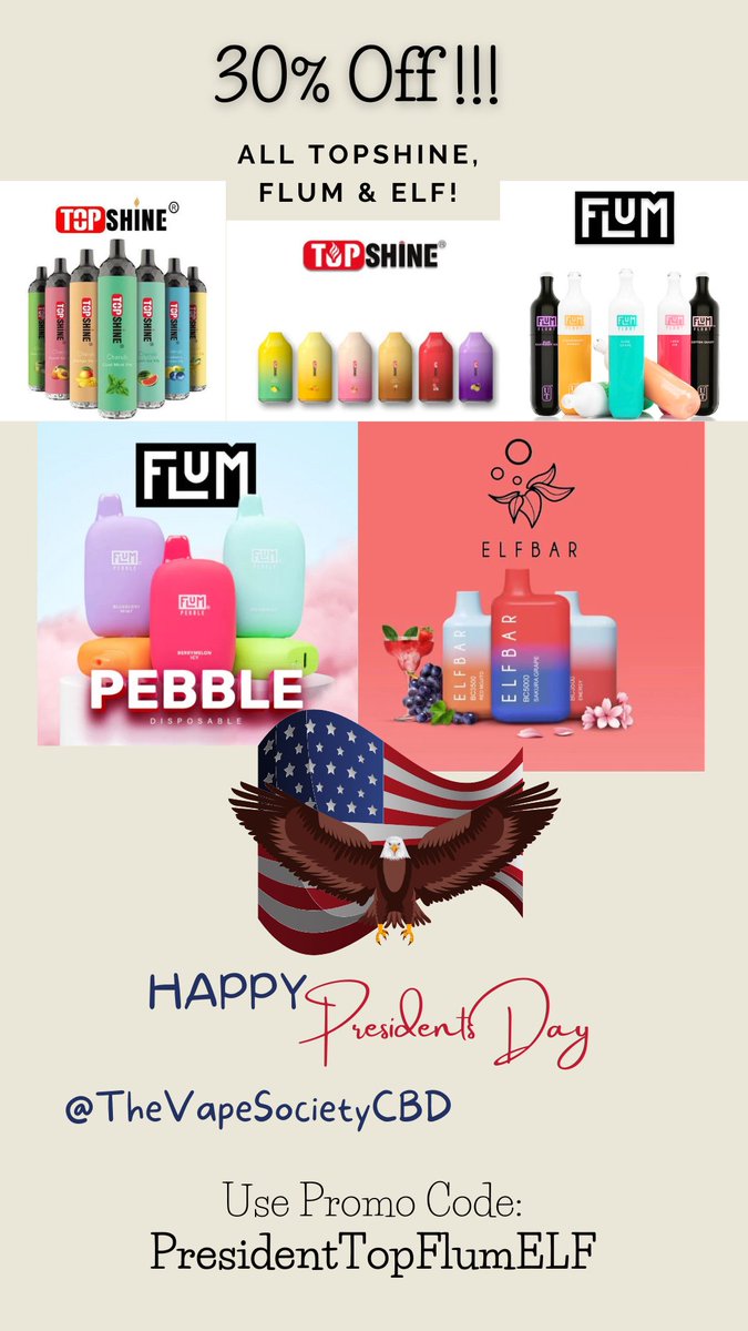vapesocietycbd's tweet photo. Presidents Day 30% off any Elf & Flum!
#thevapesocietycbd #glendale #losangeles #california #monday #tuesday #wednesday #thursday #friday #saturday #sunday #deals #specials #contest #promo #sale #lowprices #cheap #vape #smok #flumfloat #cbd #tintures #gummies https://t.co/IbZtgjnABp