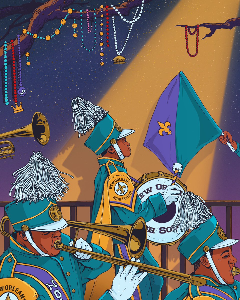 NikRichard's tweet photo. Every night during Mardi Gras hundreds of high school kids perform on the longest stage in the world for our entertainment. Carnival would be nothing without them. #illustration https://t.co/L457mTvwLT