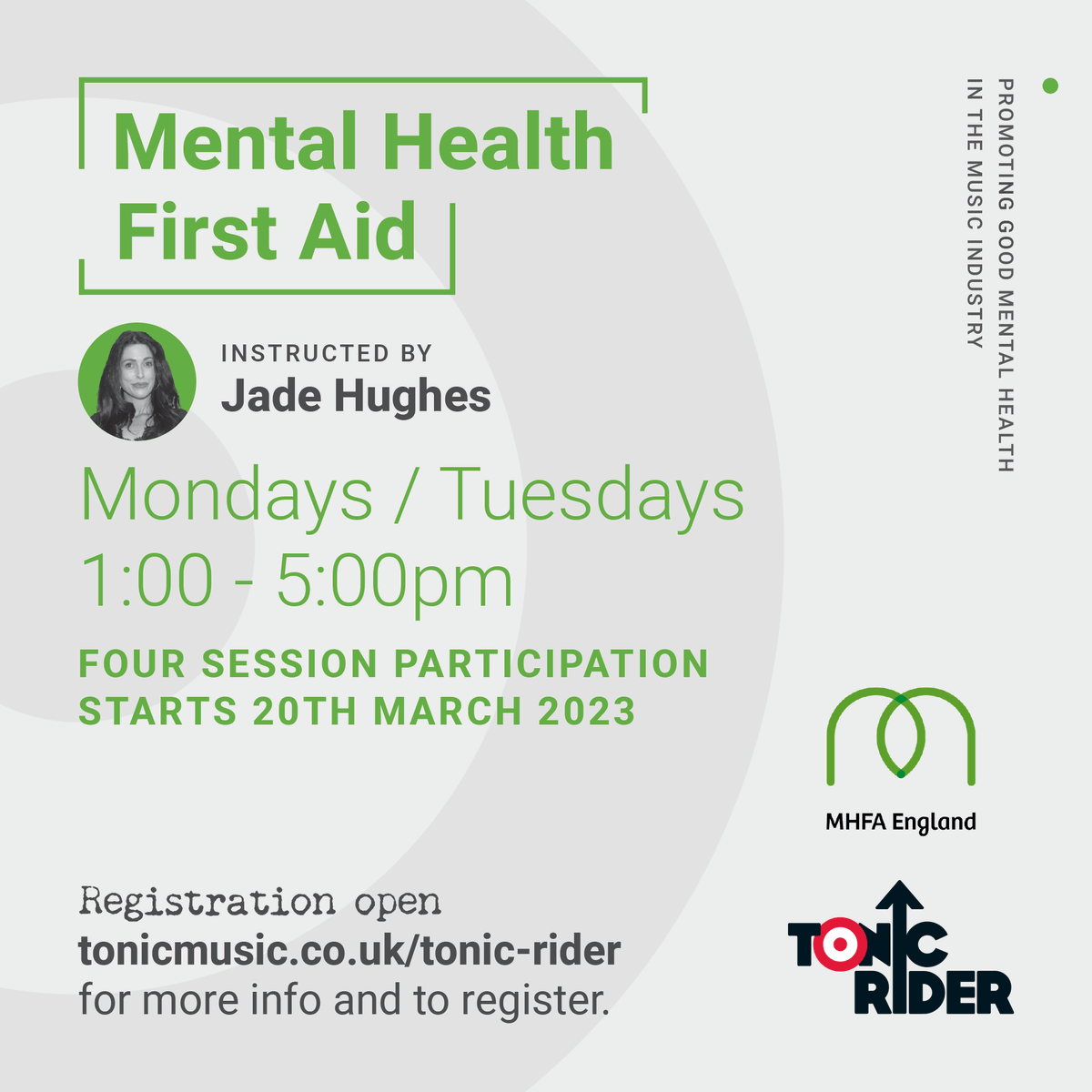 Limited spaces left!

Mental Health First Aid (online) course (accredited by @MHFAEngland)

FREE to the UK music industry - singers, musicians, DJs, producers, technicians, crew, managers, venue personnel...

#TonicRider #FirstAid #MentalHealth #Wellbeing #MusicIndustry
