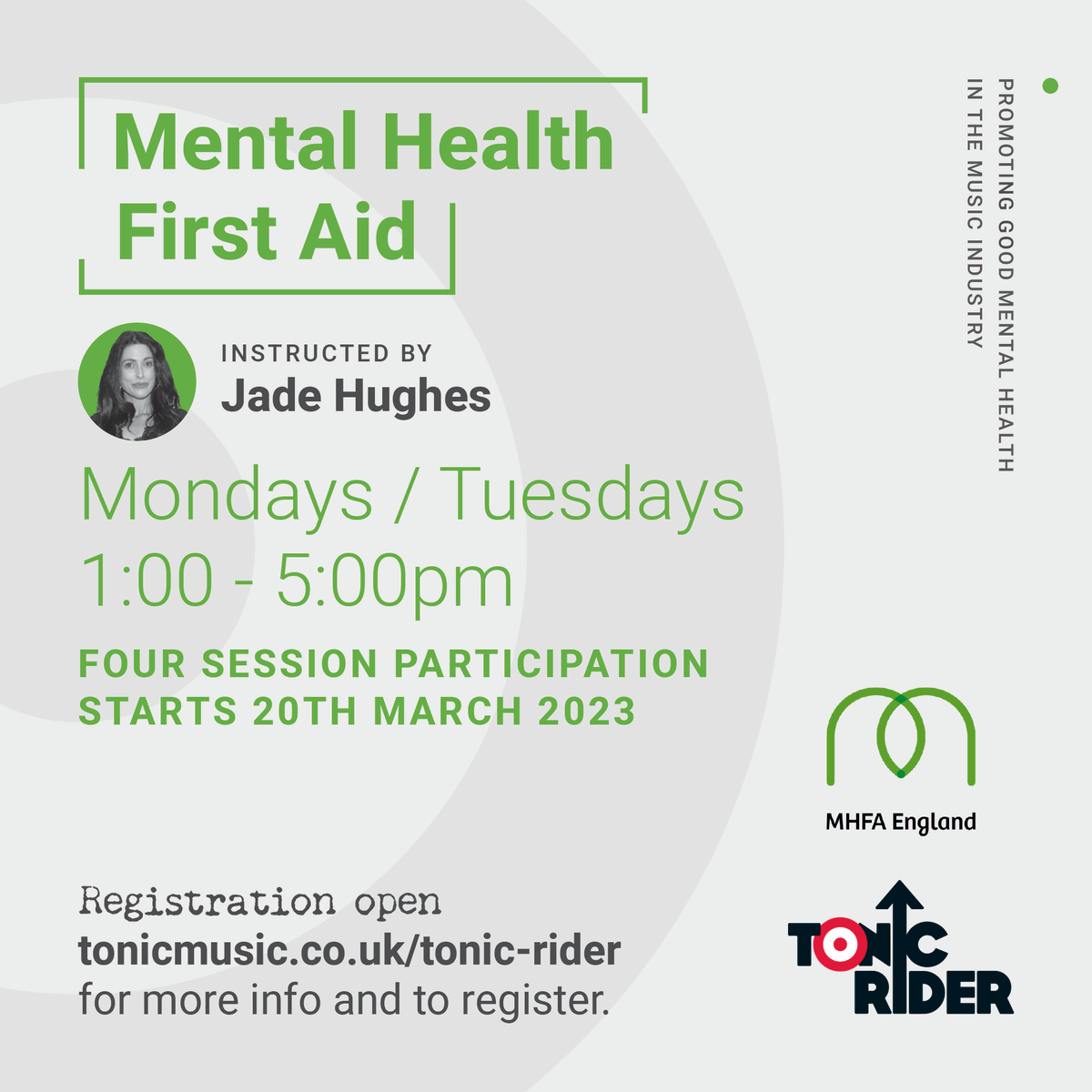Tonic Rider (@tonicrideruk) on Twitter photo Limited spaces left!
Mental Health First Aid (online) course (accredited by <a href="/MHFAEngland/">MHFA England®</a>)
FREE to the UK music industry - singers, musicians, DJs, producers, technicians, crew, managers, venue personnel...
#TonicRider #FirstAid #MentalHealth #Wellbeing #MusicIndustry Limited spaces left!
Mental Health First Aid (online) course (accredited by <a href="/MHFAEngland/">MHFA England®</a>)
FREE to the UK music industry - singers, musicians, DJs, producers, technicians, crew, managers, venue personnel...
#TonicRider #FirstAid #MentalHealth #Wellbeing #MusicIndustry