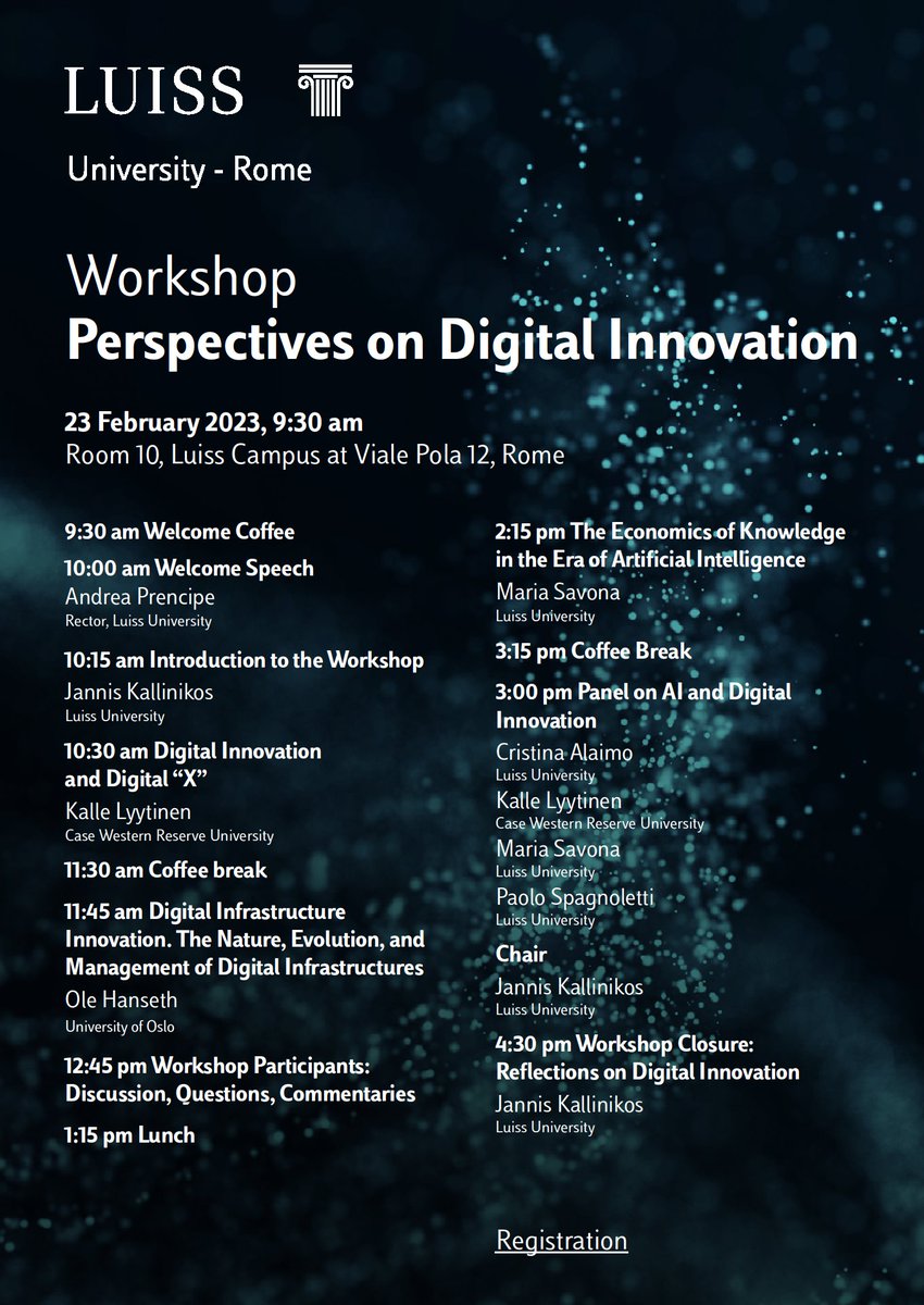 Super cool stuff happens <a href="/UniLUISS/">Luiss Guido Carli</a>! 😎

On Thursday, we will discuss #DigitalInnovation #DigitalInfrastructures and the economics of knowledge in #AI with <a href="/maria_savona/">Maria Savona</a> <a href="/kallelyy/">Kalle Lyytinen</a> Ole Hanseth <a href="/ProfPrencipe/">Andrea Prencipe</a> <a href="/pspagnoletti/">Paolo Spagnoletti</a> <a href="/JannisKallinik1/">Jannis Kallinikos</a> 

Looking forward to this one!