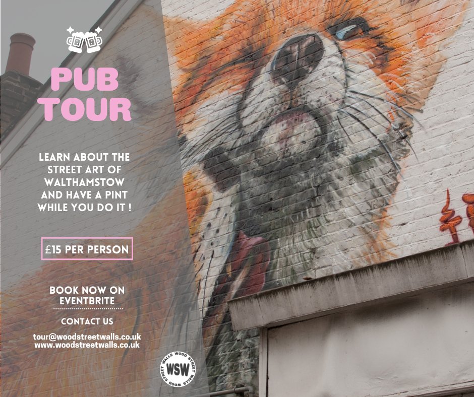 February's Street Art Pub Tour is available to book now!

This tour combines a walking tour of some of Walthamstow's street art with a pub crawl of local bars and pubs.

February 25th, 5-8pm
The tour is £15pp, attendees must be 18+ 
Click the link below!

ow.ly/1qJ250MuVQJ