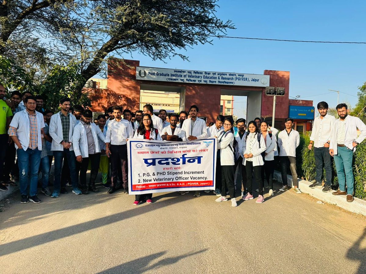 PGIVER JAIPUR के पशु चिकित्सकों ने दो‌ मुख्य मांगों को लेकर आज निकाला पैदल मार्च
1. PG&amp; PHD stipend increment
2. New veterinary officer vacancy  
मुख्यमंत्री महोदय से निवेदन पशु चिकित्सकों की जायज मांग पर आवश्यक कार्रवाई करें 
<a href="/KatariaLalchand/">Lalchand Kataria</a> 
<a href="/ashokgehlot51/">Ashok Gehlot</a>