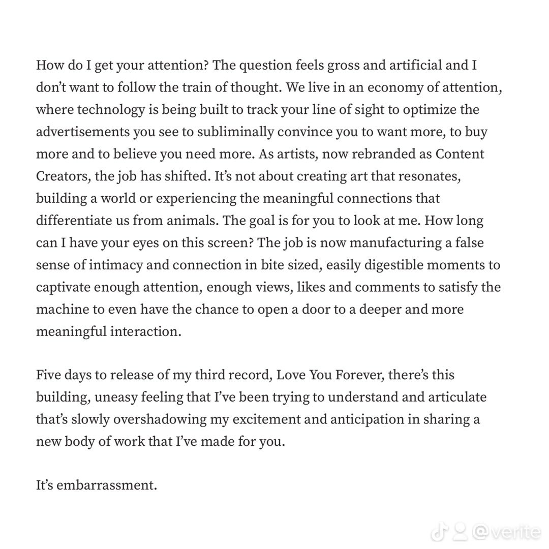 Verite's tweet photo. some rare, vulnerable thoughts on being an independent artist, 5 days before my third record, love you forever, is released… https://t.co/PMneDjW0zY