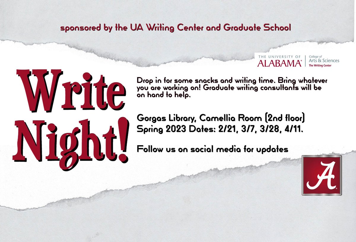 UAWritingCenter's tweet photo. Our first Write Night is this Tuesday, February 21st in the Camellia Room at Gorgas Library! Write Night is designed to help graduate students get writing done, whether that be seminar papers, articles, or dissertation/thesis projects. We hope to see you there! https://t.co/Kw3VGNzkjo
