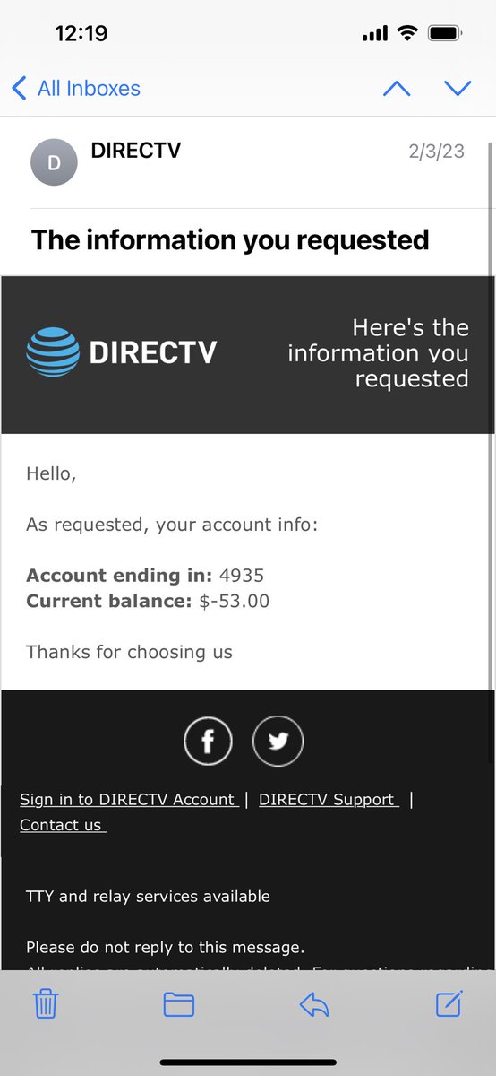 AftonTennessee's tweet photo. @DIRECTV Just cancelled my service today, spent an hour on the phone with customer service I have this email showing $53.00 and was charged 131.76 for the billing cycle guy says I can’t see the credit. Done!!! https://t.co/H6Ew6LizNm