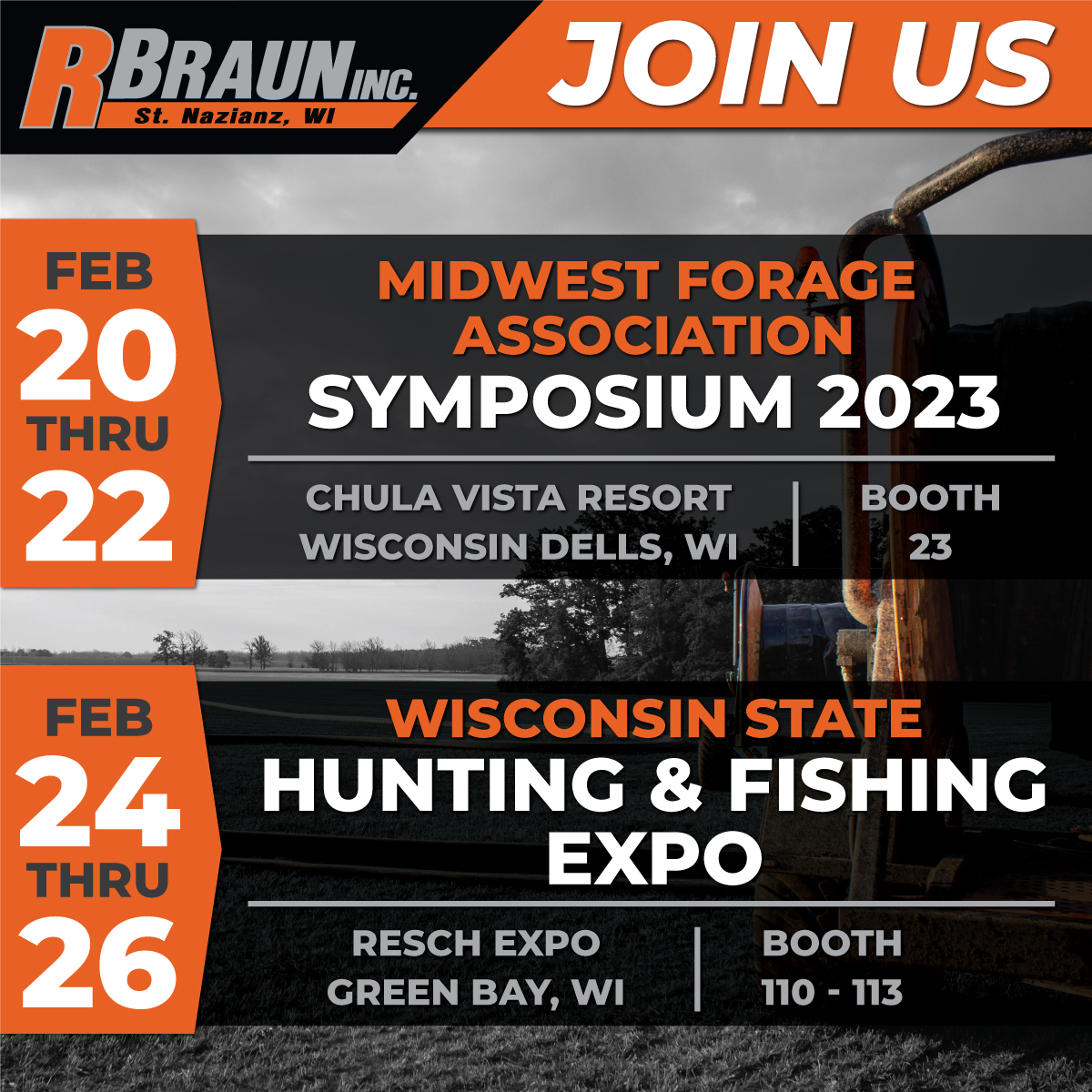 R_BraunInc's tweet image. Join us today through Wednesday at the Midwest Forage Association Symposium, where our salesman Isaac Lemmenes will be speaking about Applicator Safety! And join us later in the week at the Wisconsin State Hunting and Fishing Expo! #rbrauninc #manuremanagement #PowerSports