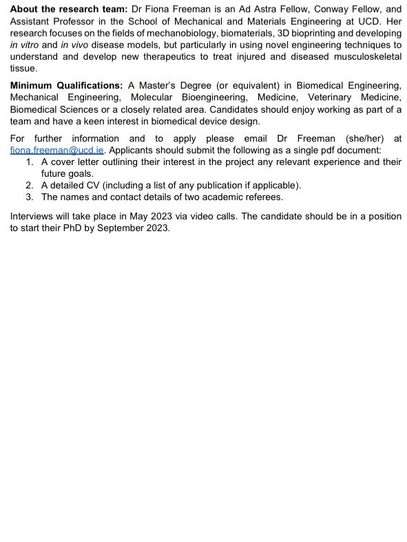 Excited to announce the Freeman lab is hiring! If you’re interested in developing organ-on-a-chip devices to understand and treat musculoskeletal diseases like #osteosarcoma we’d love to hear from you! Fully funded PhD <a href="/UCDEngArch/">UCD College of Engineering & Architecture</a> <a href="/UCD_Conway/">UCD Conway Institute</a>! RT welcomed!
ucd.ie/graduatestudie…