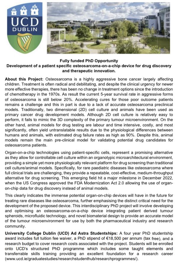 FreemanFiona1's tweet photo. Excited to announce the Freeman lab is hiring! If you’re interested in developing organ-on-a-chip devices to understand and treat musculoskeletal diseases like #osteosarcoma we’d love to hear from you! Fully funded PhD @UCDEngArch @UCD_Conway! RT welcomed!
https://t.co/n2zI3QsJ4q https://t.co/ZzkFTOiCT9