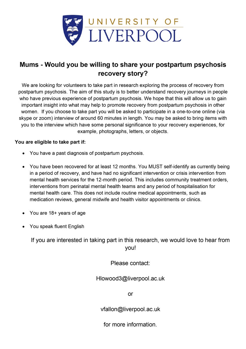 I am currently looking for participants to take part in my research on the postpartum psychosis recovery experience. 

@ActionOnPP @Pandas_uk @PPPSurvival 

#postpartumpsychosis #maternalmentalhealth