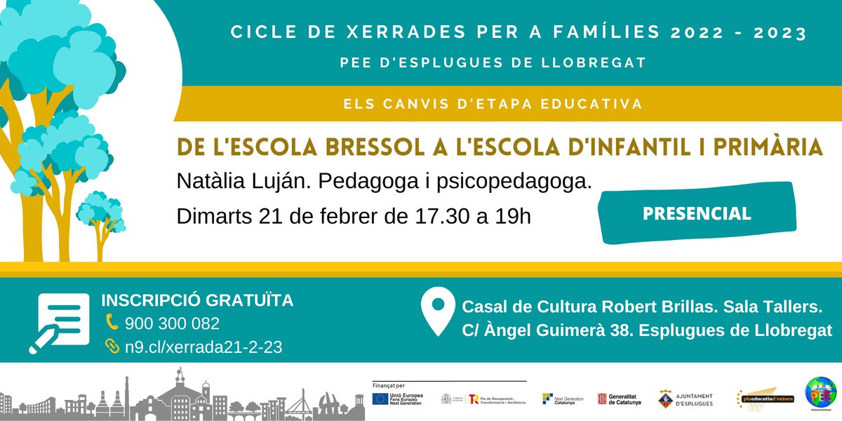 Aviat començaran les portes obertes dels centres educatius i el període de preinscripcions, un dels moments més decisius en el desenvolupament dels nostres infants.
Dimarts 21/2 a #Esplugues: El pas de l'E.Bressol a l'escola d'Infantil i Primària
✍🏼edbuilding.typeform.com/to/eDNJxI4O