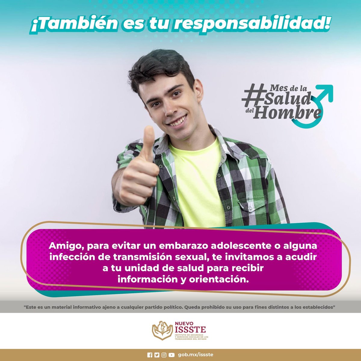 👁️ Es importante que los jóvenes cuenten con información sobre planificación familiar y #Salud sexual para que tomen decisiones informadas en el ejercicio de su sexualidad y así eviten un #EmbarazoAdolescente.
#SaludParaTodos
#SoyHombreYMeCuido
#MesDeLaSaludDelHombre