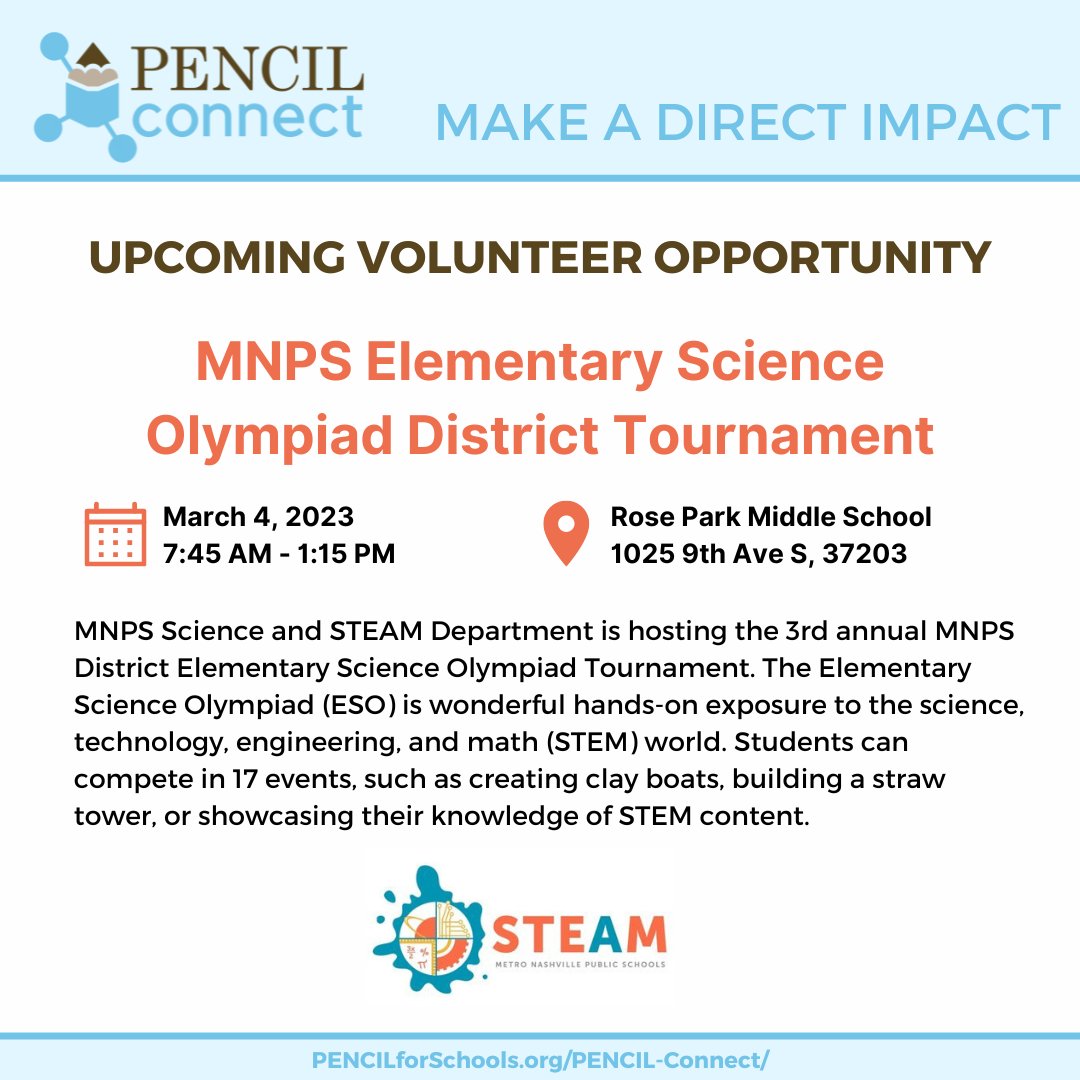 PENCIL4Schools's tweet photo. Looking for a fun Saturday volunteer opportunity? Volunteer at the @MetroSchools Science Olympiad Tourney. Volunteers will support by helping judge an event, directing students, assisting with registration & more. #PENCILConnect #MNPSSTEAM
Register here: https://t.co/sKN0rHC0lk https://t.co/uSRmphKGBC