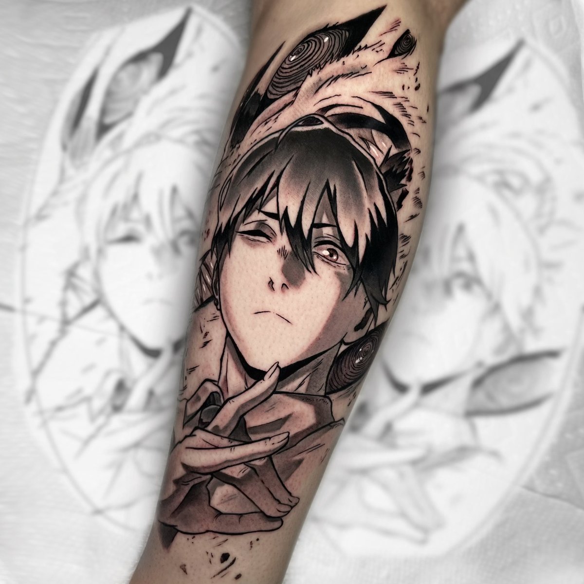 Rhabby_V's tweet photo. Big shoutout to my guy @Ezekielpierson came through CO and CRUSHED this Aki/Kon tattoo 
#Chainsawman #Aki #Kon #animetattoo https://t.co/ZTSosDdQ6C