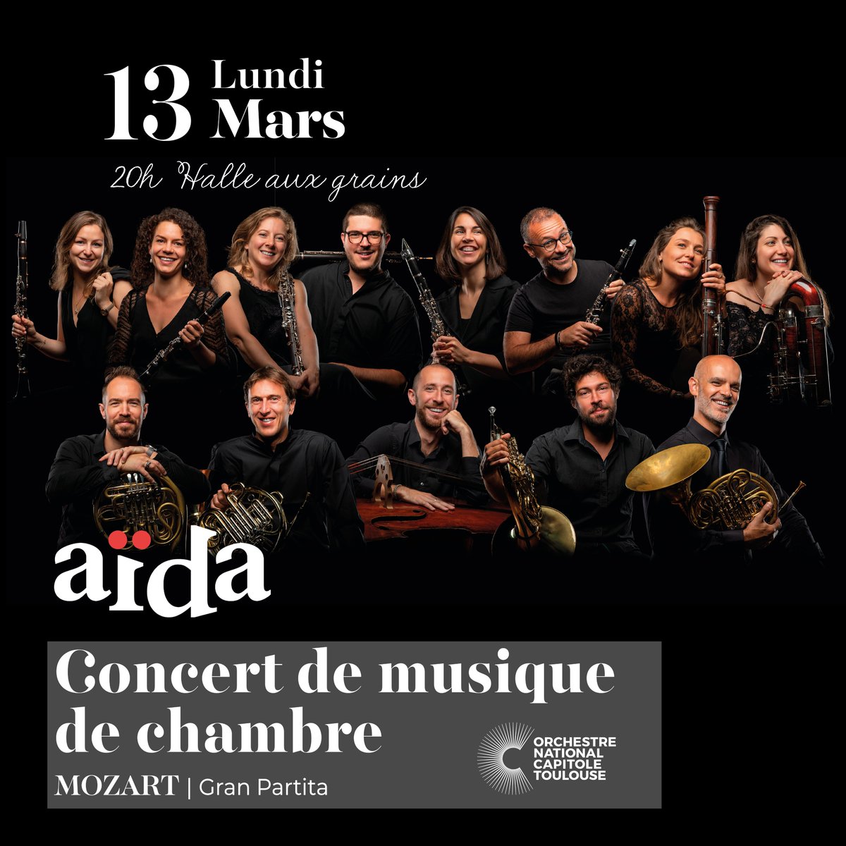 📣 Notre prochain rdv approche ! 
Retrouvez-nous le 13 mars à la <a href="/halleauxgrains/">Halle aux Grains</a> avec 13 musiciens de l'<a href="/ONCT_Toulouse/">Orchestre national du Capitole</a> qui nous interpréterons la célèbre Sérénade n°10 en si bémol majeur dite "Gran Partita" de Mozart 🎶