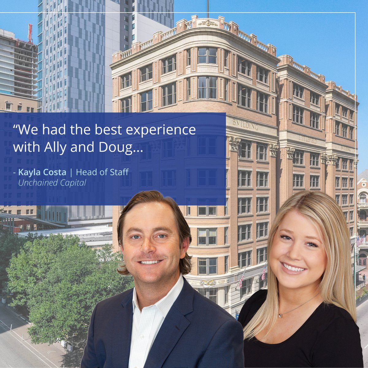 Colliers_ATX's tweet photo. We are thrilled that @unchainedcap found the perfect spot in downtown Austin! Way to go, Ally and Doug! 🎉
#acceleratingsuccess #colliersatx #austinCRE https://t.co/RwjRIbf3Zo
