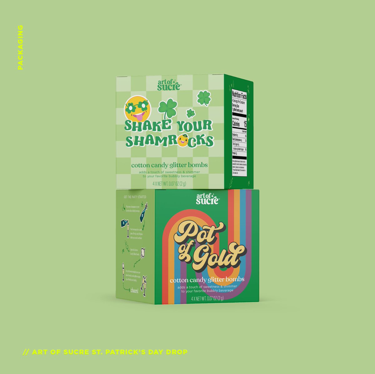 With a name like Mc+Mc, there's no doubt we love a St. Patrick's Day packaging project! These glitter bombs from Art of Sucre will have you seeing green (and drinking it too!). Head over to artofsucre.com to grab a set. ☘️ . #glitterbomb #packaging #cpg #mcandmc