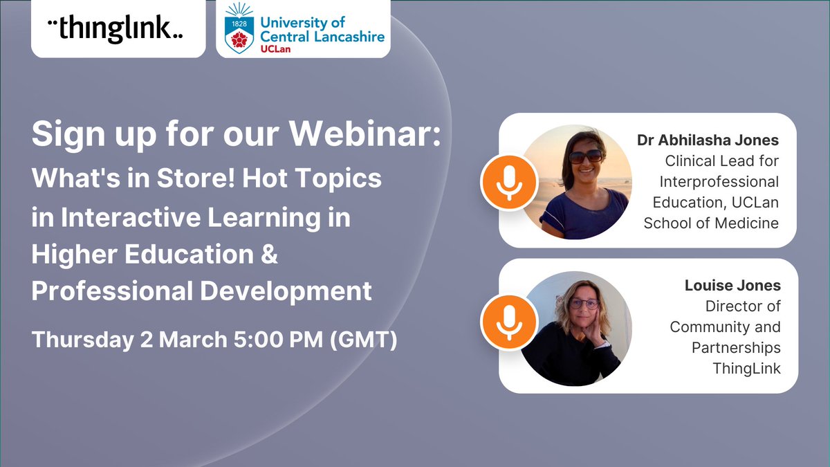 NEW WEBINAR! *Hot Topics in Interactive Learning* 2nd March 5pm GMT. Join <a href="/ThingLink/">ThingLink</a>'s @scotlandlouise &amp; @UCLan's Dr <a href="/AbhilashaJones/">Abhilasha Jones</a> to review some favourite recent online learning examples. PLUS: a heads up for ThingLink developments for 2023! Sign up at: app.livestorm.co/thinglink/what…