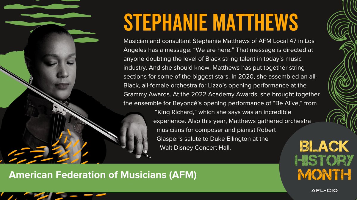 🔥Today's #BlackHistoryMonth union member spotlight, Stephanie Mathews of <a href="/The_AFM/">AFM</a> Local 47, has a message to ANYONE who doubts the level of Black string talent in today's music industry: 

"We are here." 💪