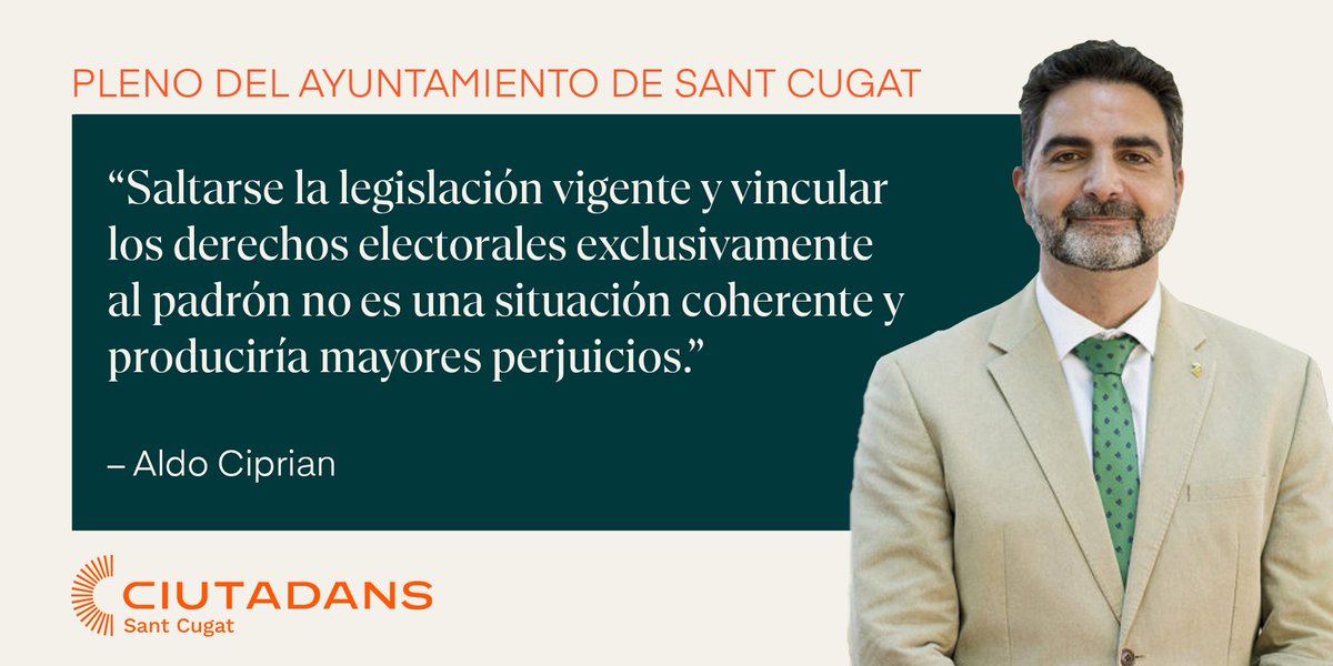 ❌ Votamos en contra de la moción de ERC que pretende vincular los derechos electorales exclusivamente al padrón.

🗣️ <a href="/a_ciprian/">Aldo Ciprian</a>: "Ya saben perfectamente que toda la ciudadanía tiene garantizado el voto con la legislación vigente".

#SantCugat #plestc