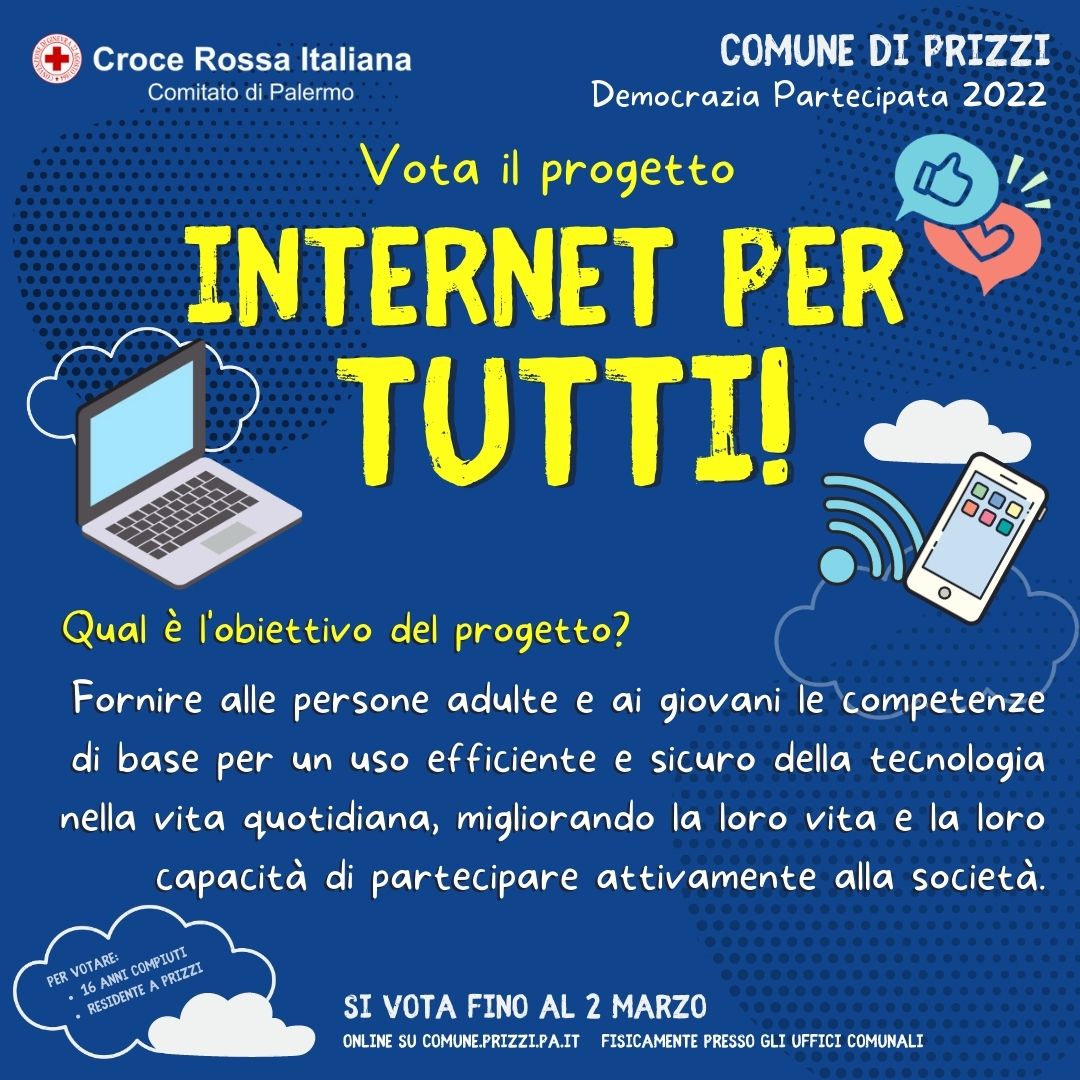 cripalermo's tweet photo. Vota qui 👉🏻 https://t.co/vVQEIDogqb per il progetto "Internet per TUTTI".
L'attività proposta dalla Sede di #Prizzi della #CroceRossaItaliana è rivolta a #Giovani e #Adulti per l'utilizzo consapevole e sicuro di #Internet. https://t.co/TLZ13AkuVN