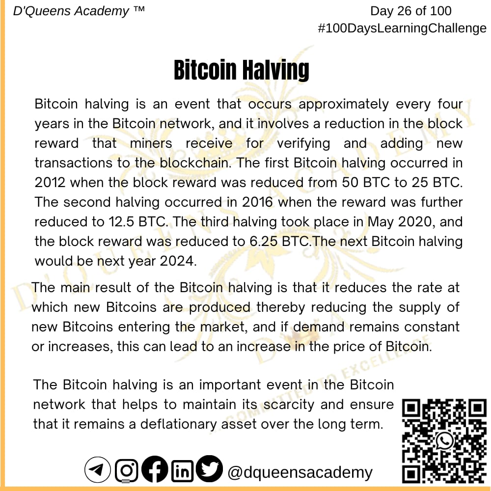 vshork's tweet photo. Bitcoin halving is the process of halving the rewards of mining bitcoin after every four years of mining. 
#Day26 #100DaysLearningChallenge  #dqueensacademy #Web3 #BTC #Decentralization #Bitcoin #learn #trending #Crypto #Bitvoinhalving #2024BTC #ElonMusk #NBAAllStar https://t.co/j6ht3iac5i